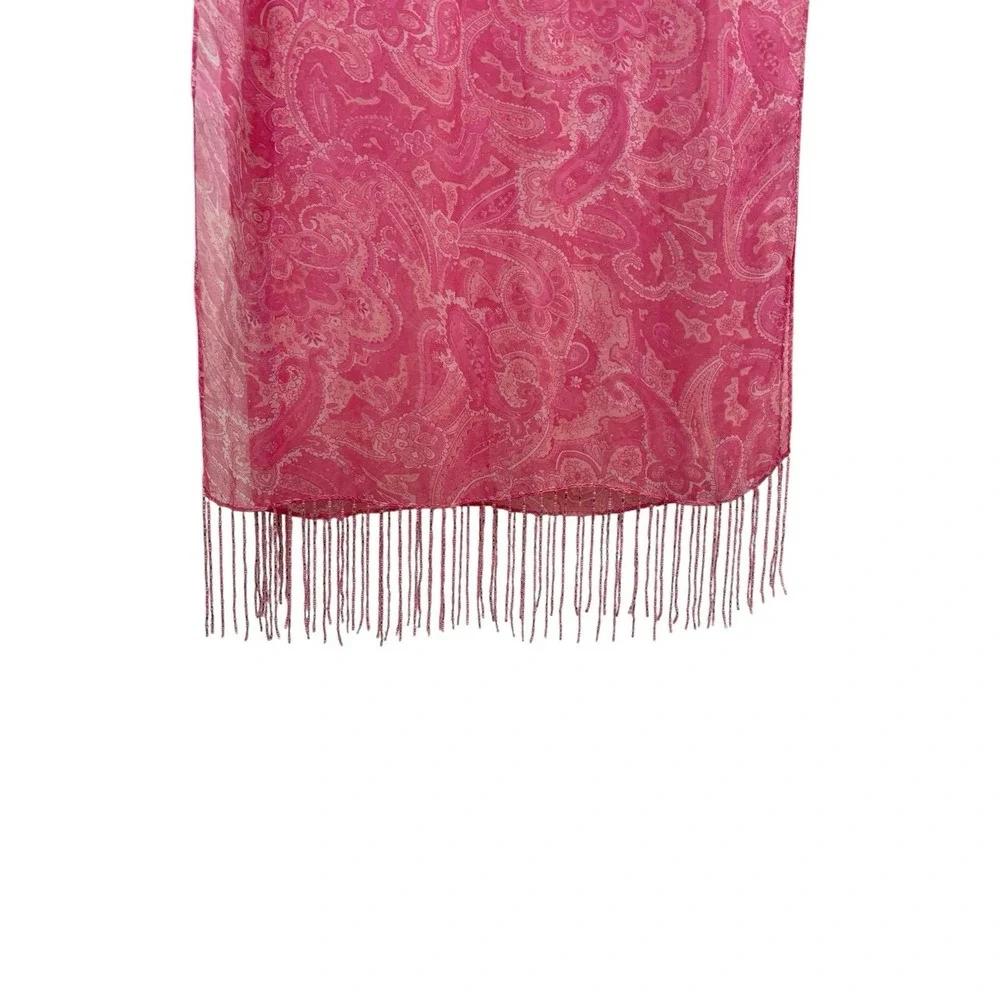 Vtg Pink Sheer Scarf Paisley Beaded Fringe 70